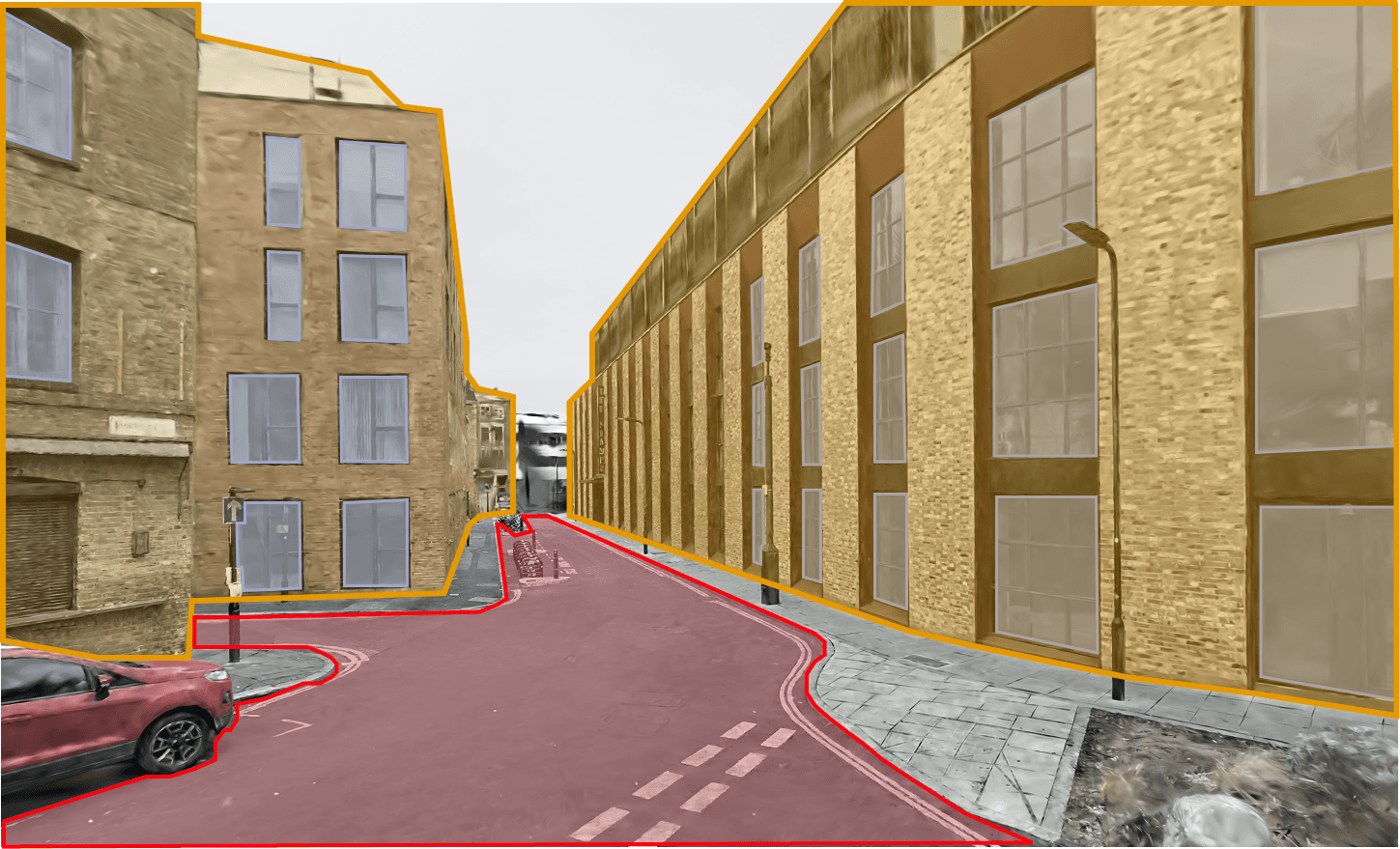 A captured street with buildings outlined in amber, the road in red, and windows in grey